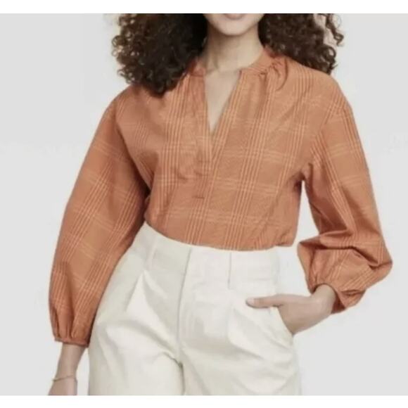 A New Day Popover Blouse WMNS XXL Rust Plaid Long Sleeve Office Work Top Shirt - Picture 2 of 10